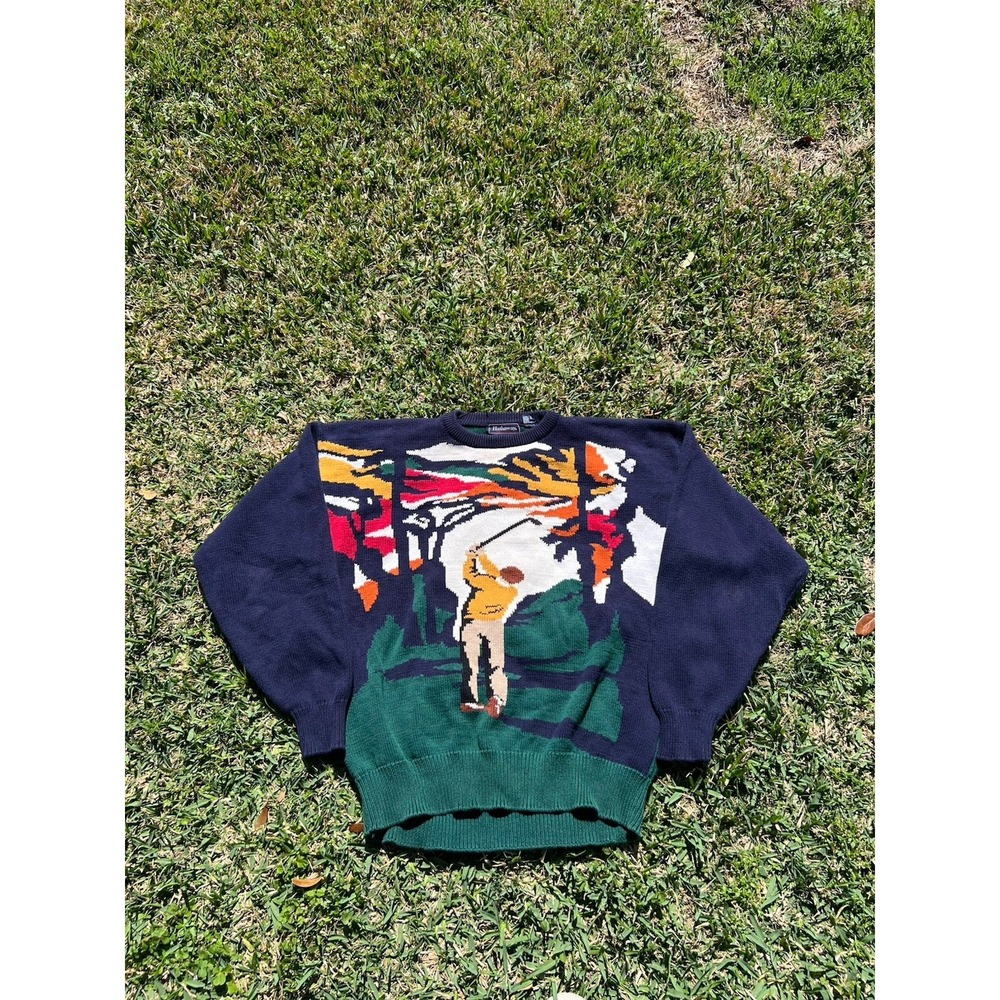 Vintage Golf Sweater Mens XL Navy Hathaway Hand Intarsia Knit AOP Two Sided